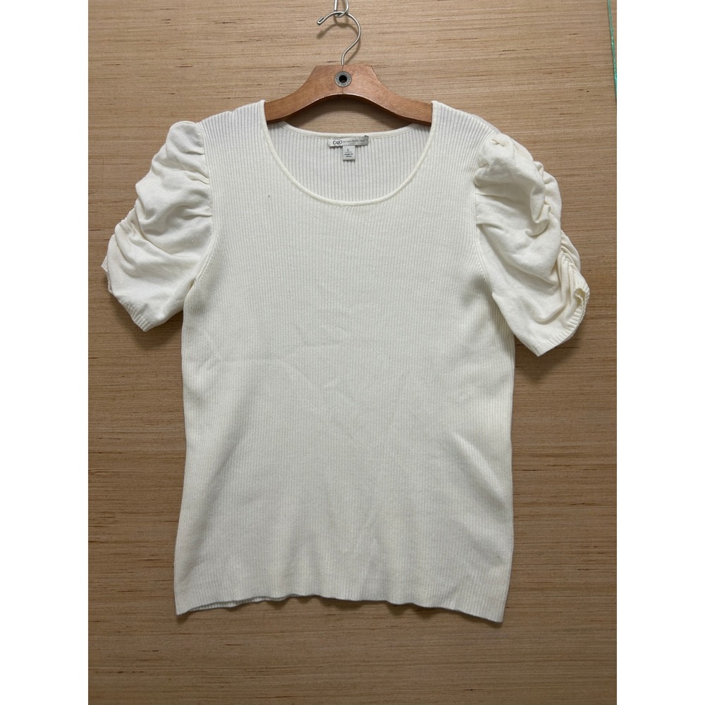 Cato Womens Large White Ribbed Knit Scoop Neck Puffed Ruched Short Sleeve Top